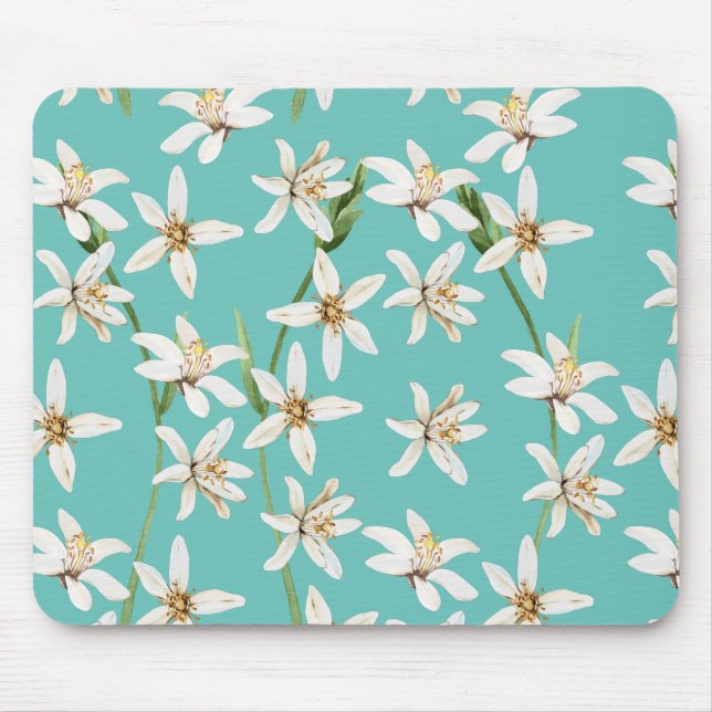 Summer Lemon blossom pattern on teal   Mouse Mat (Front)