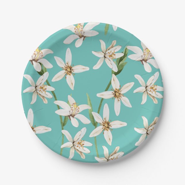 Summer Lemon blossom pattern on teal  Paper Plate (Front)