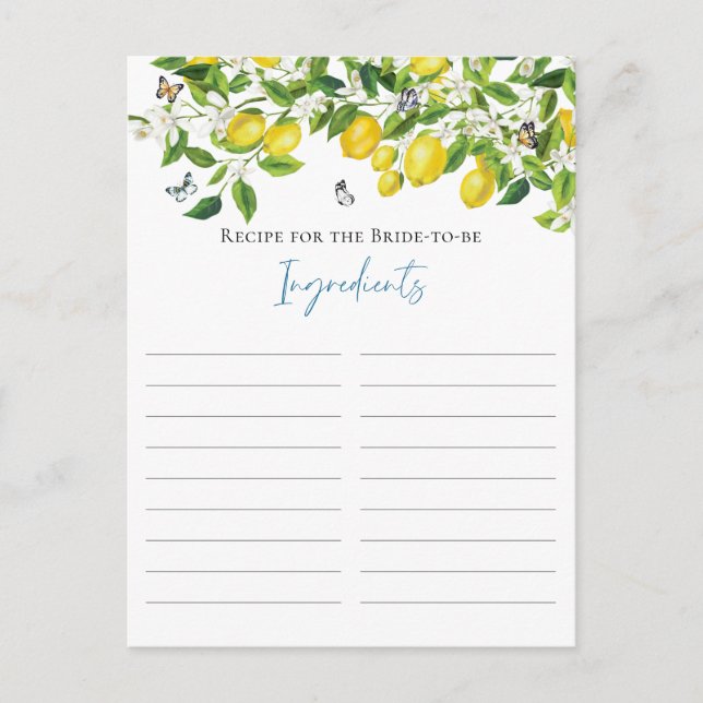 Summer Lemon Bridal Shower Recipe For The Bride Postcard (Front)