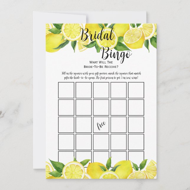 Summer Lemon Citrus Bridal Shower Bingo Party Game Invitation (Front)