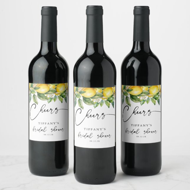 Summer  Lemon Citrus Cheers Bridal Shower Wine Label (Bottles)