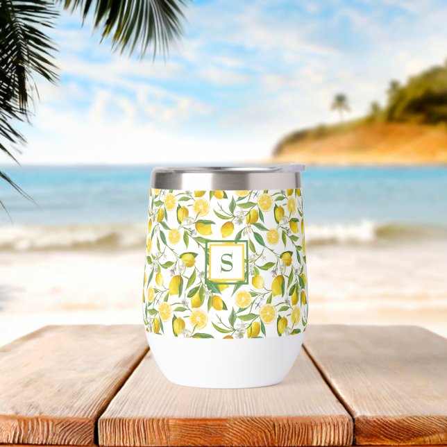 Summer Lemon Citrus Flowers Monogrammed Initials  (Beach)