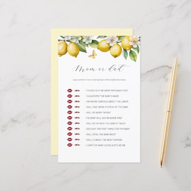 Summer Lemon Citrus Mum Or Dad Baby Shower Game  (Front/Back In Situ)