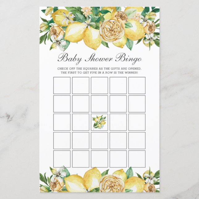 Summer Lemon Floral Baby Shower Bingo Party Game (Front)