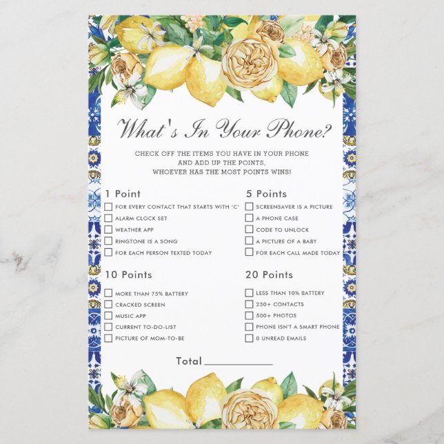 Summer Lemon Floral Baby What's In Your Phone Game (Front)