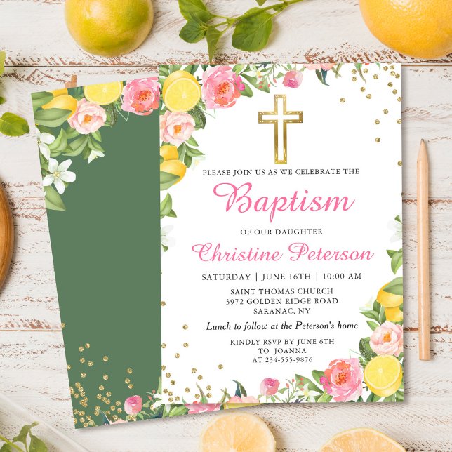 Summer Lemon Greenery Pink Floral Girl Baptism Invitation (Creator Uploaded)