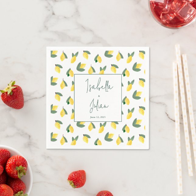 Summer Lemon Italy white yellow Wedding Napkin (Insitu)