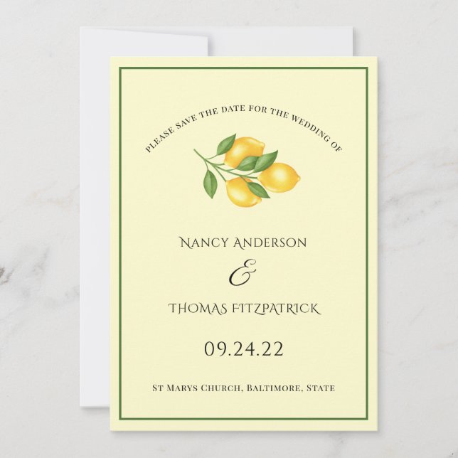 summer lemon med classic wedding save the date invitation (Front)
