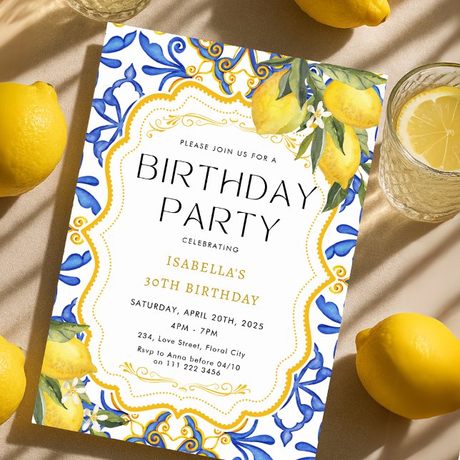 Summer Lemon Mediterranean Birthday Party  Invitation (Summer Lemon Mediterranean Birthday Party Invitation)