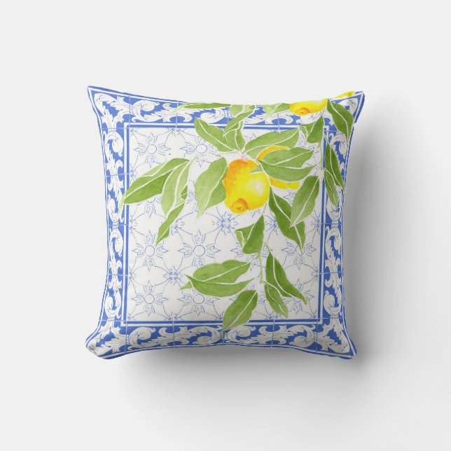 Summer Lemon on Portuguese Blue and White Azulejo Cushion (Front)