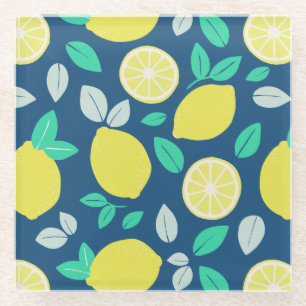 Summer Lemon Pattern in Navy Blue Glass Coaster