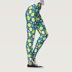 Summer Lemon Pattern in Navy Blue Leggings
