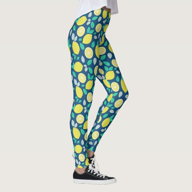 Summer Lemon Pattern in Navy Blue Leggings (Right)