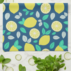 Summer Lemon Pattern in Navy Blue Tea Towel