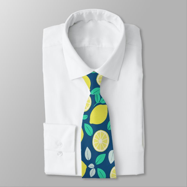 Summer Lemon Pattern in Navy Blue Tie (Tied)