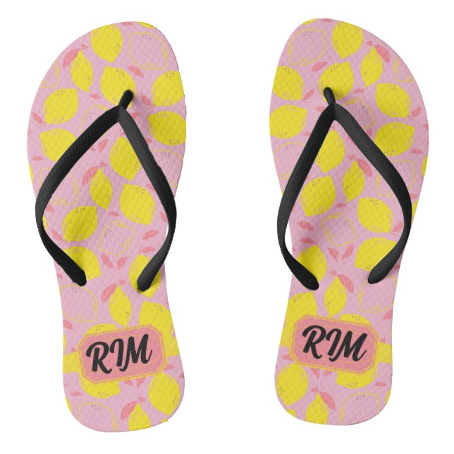 Summer Lemon Pattern Initial Yellow Pink Lemonade Flip Flops (Footbed)