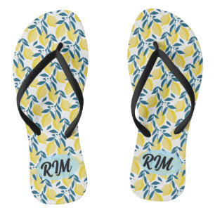 Summer Lemon Pattern Initial Yellow White Lemonade Flip Flops