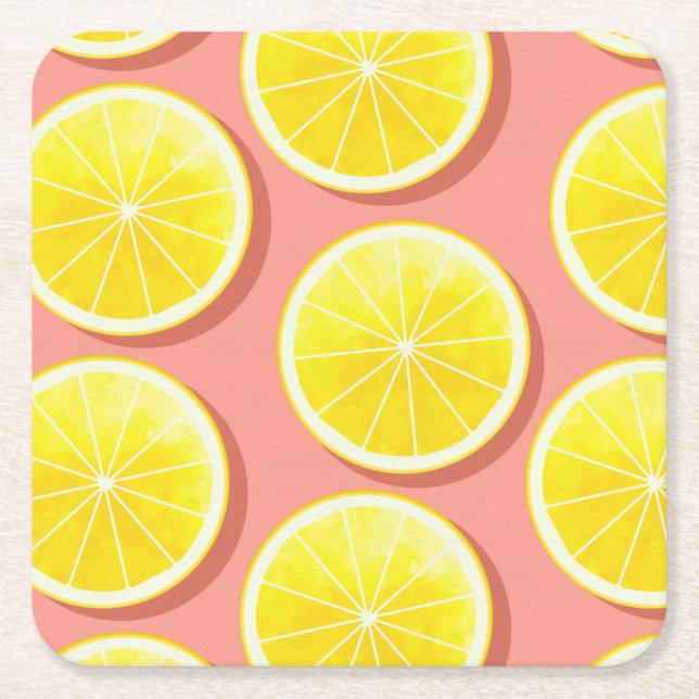 Summer Lemon Slices Pattern Square Paper Coaster (Front)
