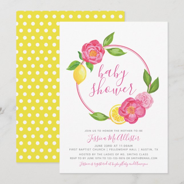 Summer Lemon Yellow Floral Roses Girl Baby Shower Invitation (Front/Back)
