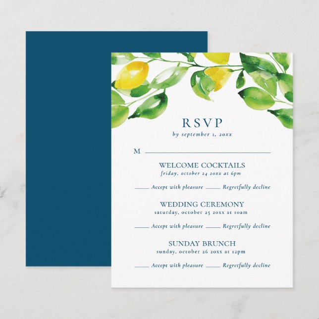 Summer Lemons and Foliage Multi Event Wedding RSVP Card (Front/Back)