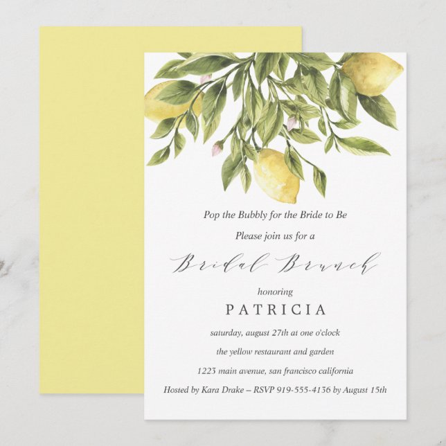 Summer Lemons and Foliage Wedding Bridal Brunch In Invitation (Front/Back)