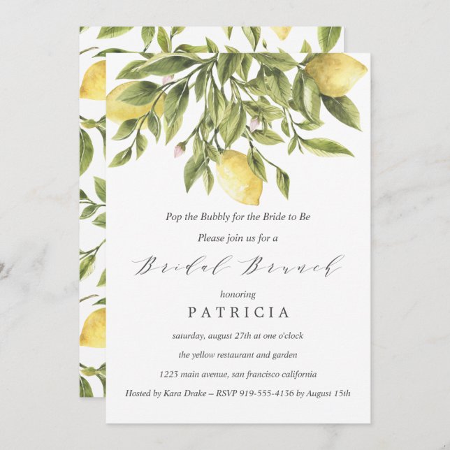 Summer Lemons and Foliage Wedding Bridal Brunch Invitation (Front/Back)