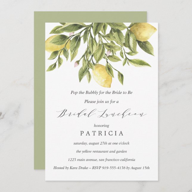 Summer Lemons and Foliage Wedding Bridal Luncheon Invitation (Front/Back)
