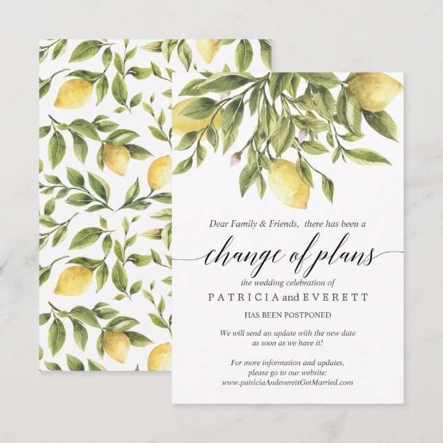 Summer Lemons and Foliage Wedding Change of Plans Invitation (Front/Back)