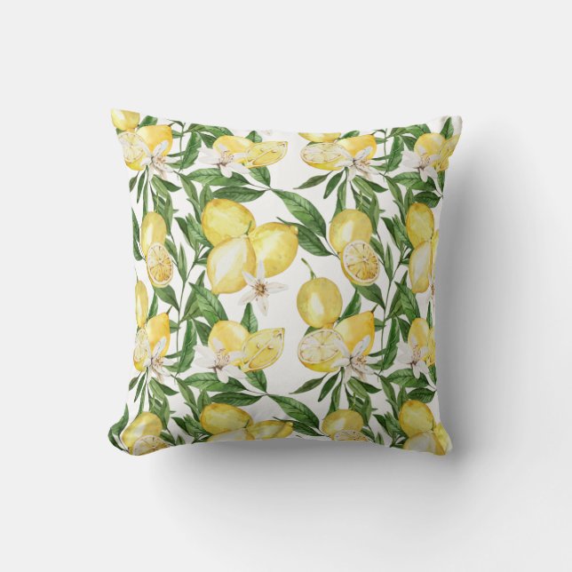 Summer lemons and lemon blossom pattern cushion (Front)