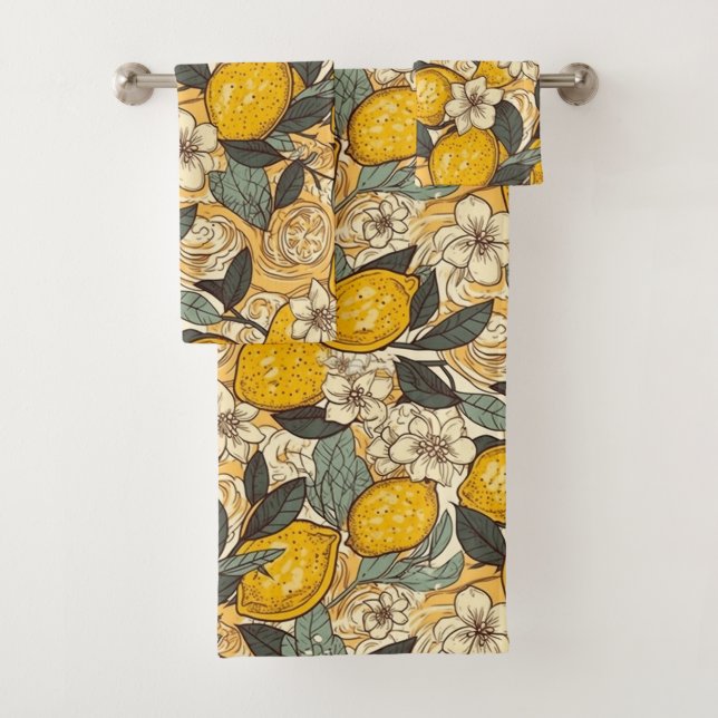 Summer Lemons and White Flowers Bath Towel Set (Insitu)