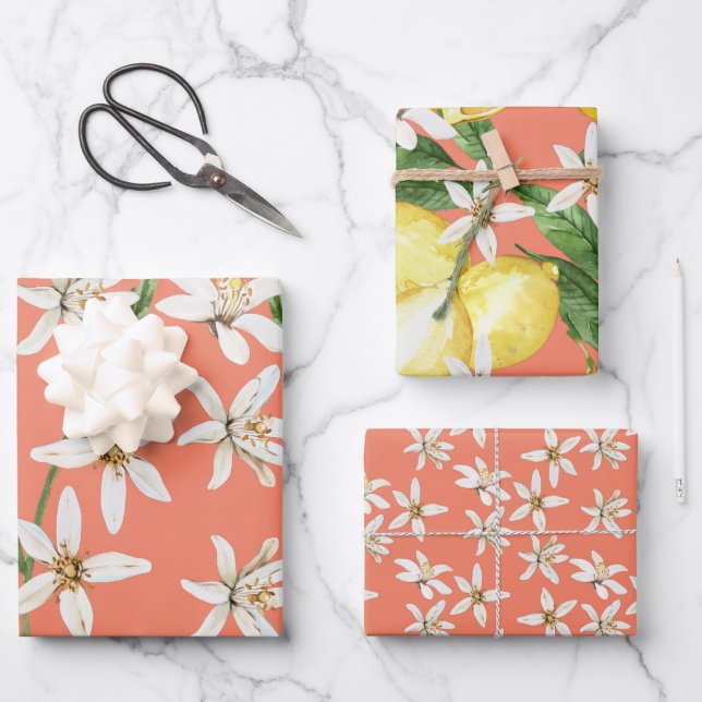 Summer Lemons blossom patterns on orange Wrapping Paper Sheet (Front)