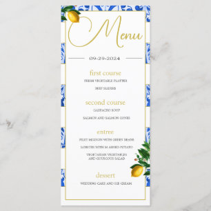 Summer Lemons Blue White Tiles Monogram Menu