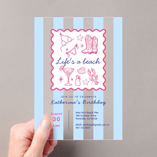 Summer Life's a Beach Blue Stripes Birthday Party  Acrylic Invitations (Insitu (Handheld))