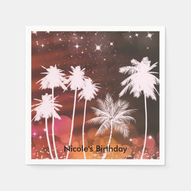 Summer Lights & White Palm Trees Birthday Party Napkin (Front)
