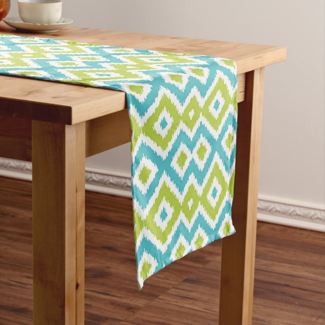 Summer Lime Green Aqua Blue Ikat Tribal Pattern Medium Table Runner (In Situ)