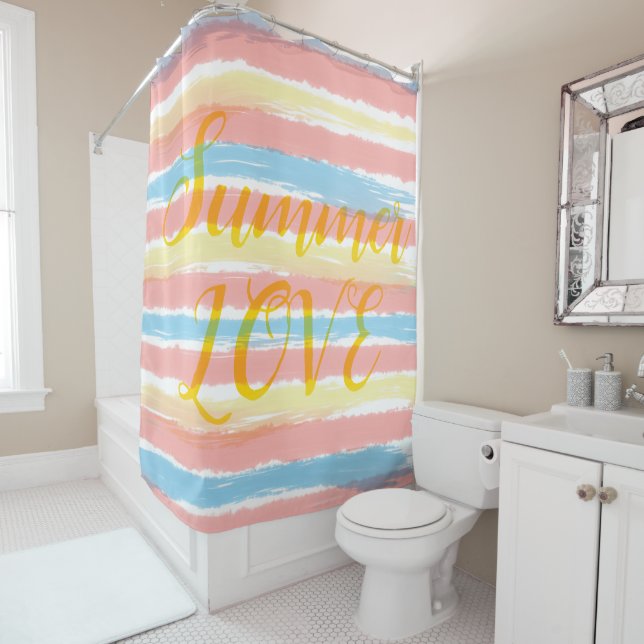Summer Love Pastel Blue Pink Yellow Stripes Shower Curtain (In Situ)