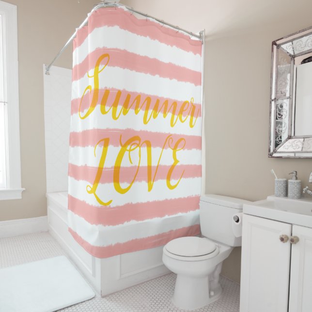 Summer Love Pastel Pink White Stripes Shower Curtain (In Situ)