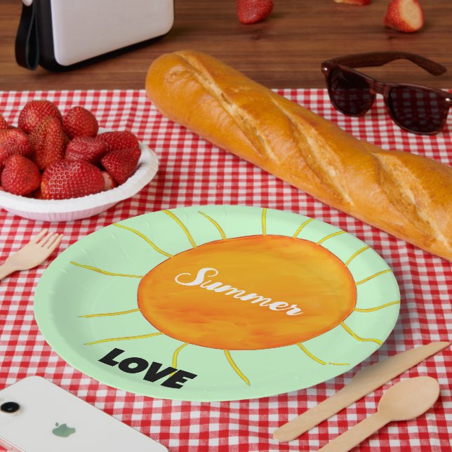 Summer Love Yellow Orange Sun Green  Paper Plate (Picnic)
