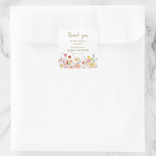 Summer Luxe Floral Bloom Baby Shower Thank You Square Sticker (Bag)