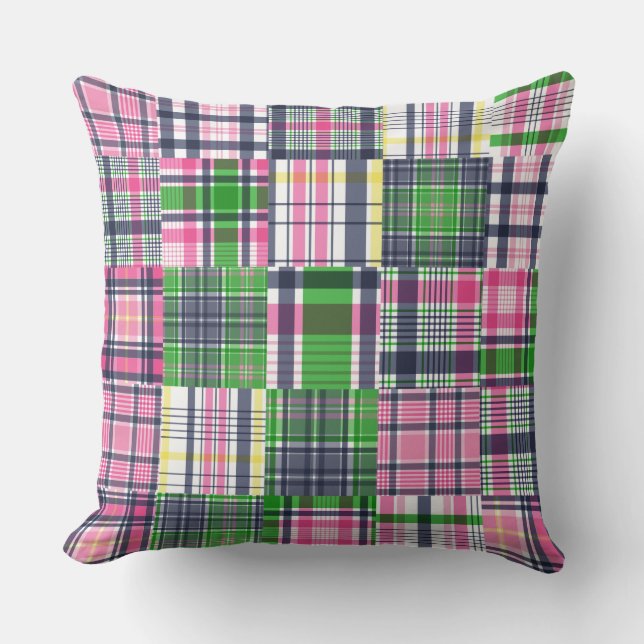 Summer Madras Plaid Preppy Patchwork Cushion (Front)