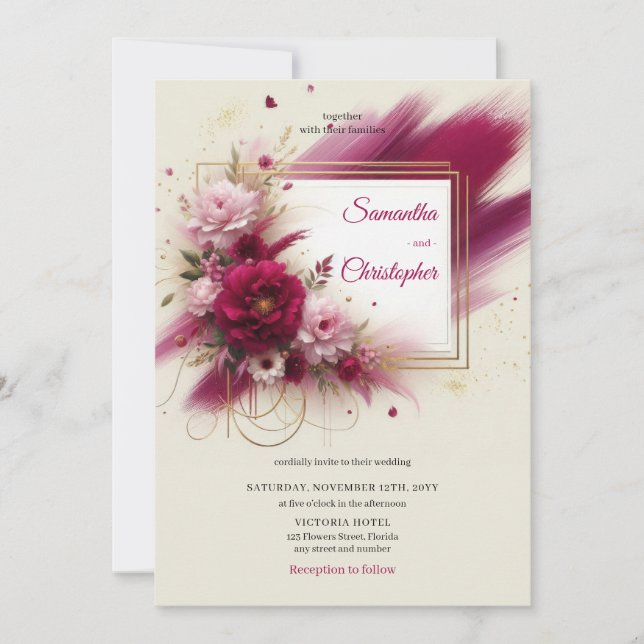 Summer magenta flowers and faux gold frame wedding invitation (Front)