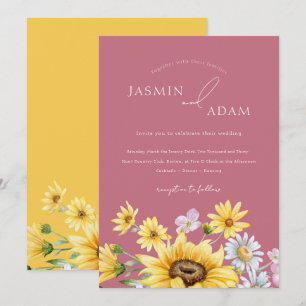 Summer Magenta Pink Sunflower Floral Wedding Invitation