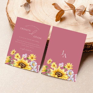 Summer Magenta Pink Sunflowers Monogram Wedding Invitation