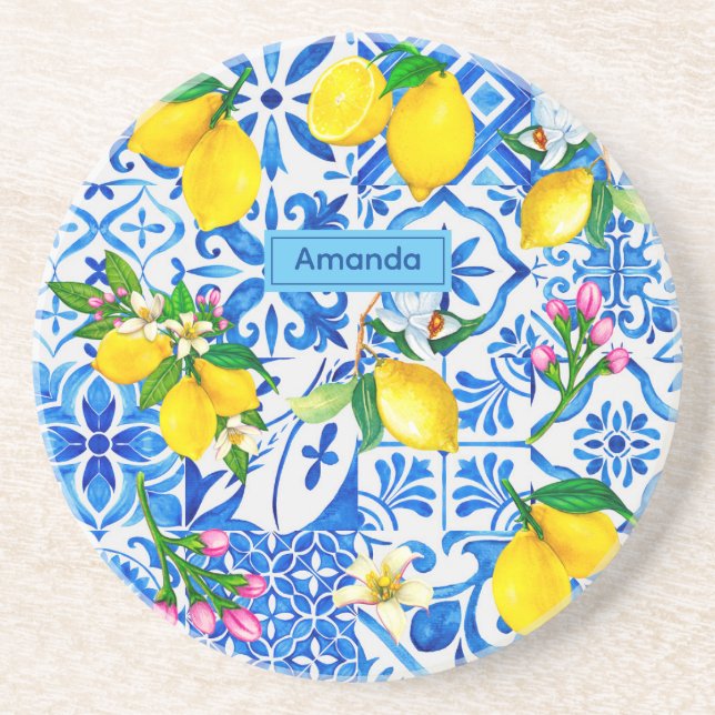 Summer majolica blue Sicilian citrus Mediterranean Coaster (Front)