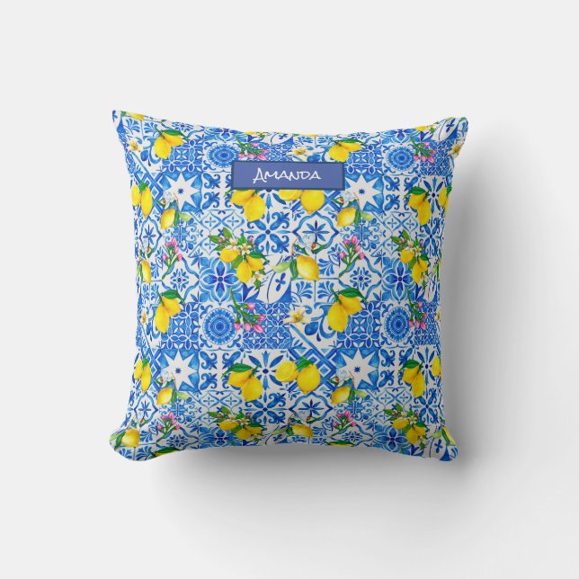 Summer majolica blue Sicilian citrus Mediterranean Cushion (Front)