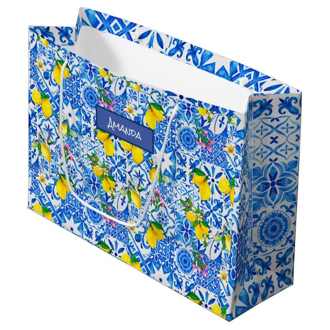 Summer majolica blue Sicilian citrus Mediterranean Large Gift Bag (Front Angled)