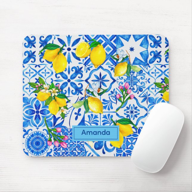 Summer majolica blue Sicilian citrus Mediterranean Mouse Mat (With Mouse)