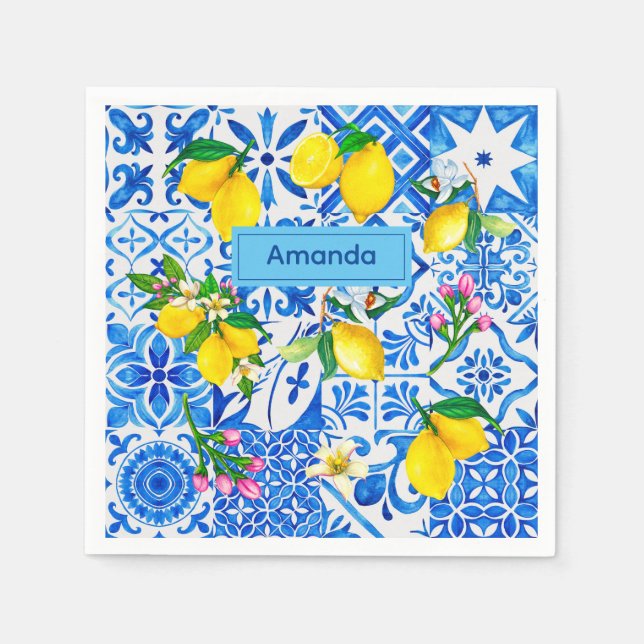 Summer majolica blue Sicilian citrus Mediterranean Napkin (Front)