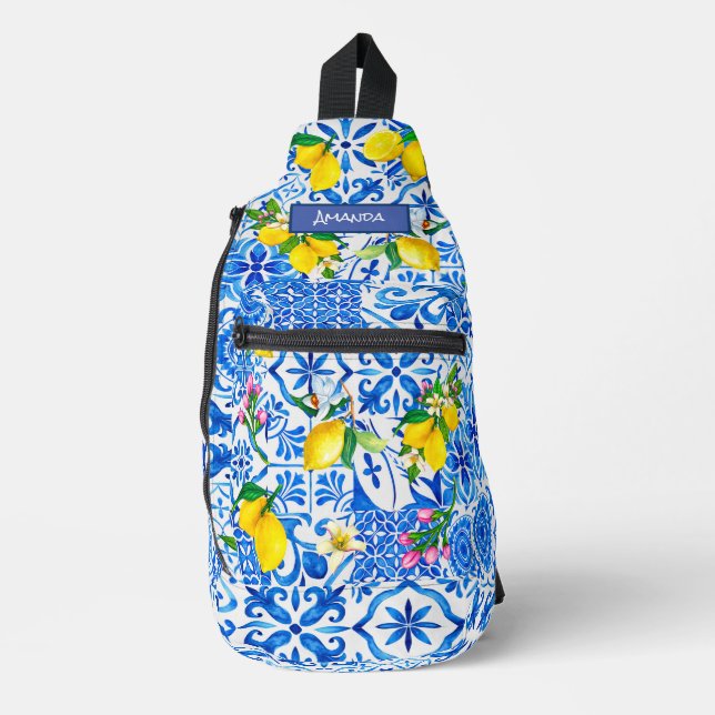 Summer majolica blue Sicilian citrus Mediterranean Sling Bag (Front)