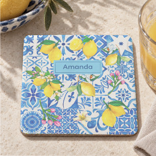 Summer majolica blue Sicilian citrus Mediterranean Stone Coaster
